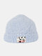 Unisex Teddy Velvet Solid Color Cow Pattern Letter Cloth Label Warmth Beanie Hat - Blue