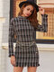 Plaid Check Pattern Fringe Trim Chain Long Sleeve Casual Dress - Red