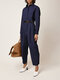 Solid Color Pleated Long Sleeve Casual Jumpsuit for Women - Navy