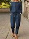 Women Plaid Pattern Belted Pocket Two Pieces Suit - Blue