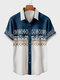 Mens Ethnic Print Patchwork Lapel Button Up Short Sleeve Shirts - Dark Blue