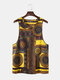Mens 100% Cotton Ethnic Style Printed Sleeveless Thin Summer Casual Tank Tops - Yellow