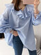 Stripe Print Ruffle Loose Drop Shoulder Long Sleeve Blouse - Blue