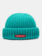 Unisex Cotton Knitted Solid Color Letter Label Thick Warmth Brimless Beanie Landlord Cap Skull Cap - Cyan-blue