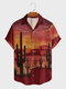 Mens Cactus Landscape Print Revere Collar Casual Shirts - Claret