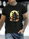 Mens Japanese Cat Floral Graphic Crew Neck Short Sleeve T-Shirts Winter - Black