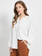 Solid Drop Shoulder Button Long Sleeve Stand Collar Blouse - White