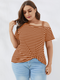 Striped Print Off Shoulder Short Sleeve Plus Size T-shirt for Women - Orange Red