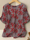 Allover Floral Print Button Front Short Sleeve Blouse - Gray