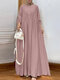 Women Solid Pleated Half Button Long Sleeve Muslim Maxi Dress - Pink