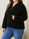 Plus Size Solid Lamb Pocket Casual Zip Front Women Hoodie - Black