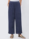 Corduroy Straight Solid Elastic Waist Pockets Women Casual Pants - Dark Blue