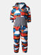 Mens Geometry Print Zipper Front Pocket Hooded One Piece Jumpsuit Comfy Loungewear - Blue