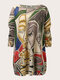 Suéter suelto con cuello redondo y estampado de ilustración de arte de talla grande vendimia - Caqui