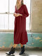 Solid Color Pleated V-neck Long Sleeve Casual Dress for Women - Wine Red