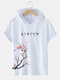 Mens Floral Japanese Print Short Sleeve Drawstring Hooded T-Shirts - White