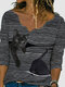 Flower Neckline Lace Trim Striped Cat Print Vintage Plus Size Blouse - Black