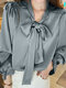 Solid Bowknot Collar Puff Long Sleeve Blouse For Women - Gray