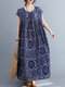 Geometry Print O-neck Pleated Sleeveless Loose Vintage Women Dress - Blue