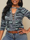 Camouflage Printed Long Sleeve V-neck Drawstring T-shirt For Women - Grey