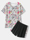 Plus Size Women Funny Cartoon Pattern T-Shirt & Shorts Comfy Pajama Sets - Black