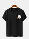 Mens Cartoon Cat Japanese Print Crew Neck Short Sleeve T-Shirts - Black