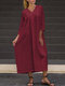 Solid Color V-neck Long Sleeves Casual Dress For Women - Wine Red