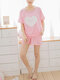 Women's 2 Pcs Shorts Sleepwear Suit Short Sleeve Sweet Cartoon Pajamas Suit - Pink