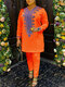 プラスサイズの女性エスニック花柄 V ネック長袖コーデ - オレンジ