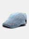 Men Washed Distressed Denim Solid Color Embroidery Thread Casual Sunscreen Beret Flat Cap - Light Blue