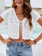 Solid Tie Front Knit Hollow Short Sleeve Crop Top - White