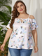 Flowers Print Ruffle Off Shoulder Plus Size Knotted Blouse - Pink