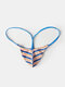 Men Sexy Striped Nylon Thin Breathable Bikini Underwear Patchwork Crotchless Thongs - Light Blue
