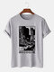 Mens Monochrome City View Japanese Print Cotton Short Sleeve T-Shirts - Gray