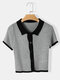Contrast Color Button Rib-knit Lapel Short Sleeve Blouse - Gray