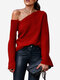 One Shoulder Long Sleeve Solid Color Sweater For Women - Red
