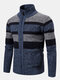 Mens Woolen Knitting Vintage Stripe Stand Collar Plaid Liner Cardigans - Blue