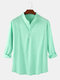 Mens Solid Color Cotton Linen Casual Long Sleeve Split Hem Henley Shirts - Green