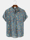 Mens Ditsy Floral Print Vintage Short Sleeve Henley Shirts - Blue