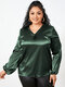 Solid Color Patchwork Long Sleeve Casual Blouse for Women - Green