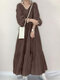 Solid Tiered Pleated V-Neck Casual Puff Sleeve Dress - Coffee