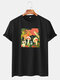 Mens Cartoon Mushroom Print Short Sleeve Preppy T-Shirt - Black