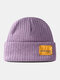 Unisex Solid Cotton Knitted Striped Color Contrast Letters Patch All-match Warmth Brimless Beanie Hat - Purple