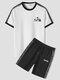 Mens Panda Side Stripe Letter Print Crew Neck Casual Two Pieces Outfits - Black