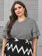 Striped Print V-neck Ruffle Sleeve Plus Size Blouse for Women - Black