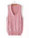 Women Casual Knit Solid Color V-neck Mid-long Irregular Hem Sweater - Pink