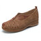 LOSTISY Splicing Hollow Out V Shape Veins Pattern Slip On Flat Shoes - Brown