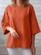 Solid 3/4 Sleeve Crew Neck Blouse For Women - Orange