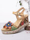 SOCOFY Leather Snakeskin Print Beaded Floral Cutouts Buckle Ankle Strap Wedge Sandals Espadrilles - Apricot