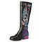 SOCOFY Flower Embroidered Cowhide Leather Warm Lined Block Heel Mid-calf Boots - Black